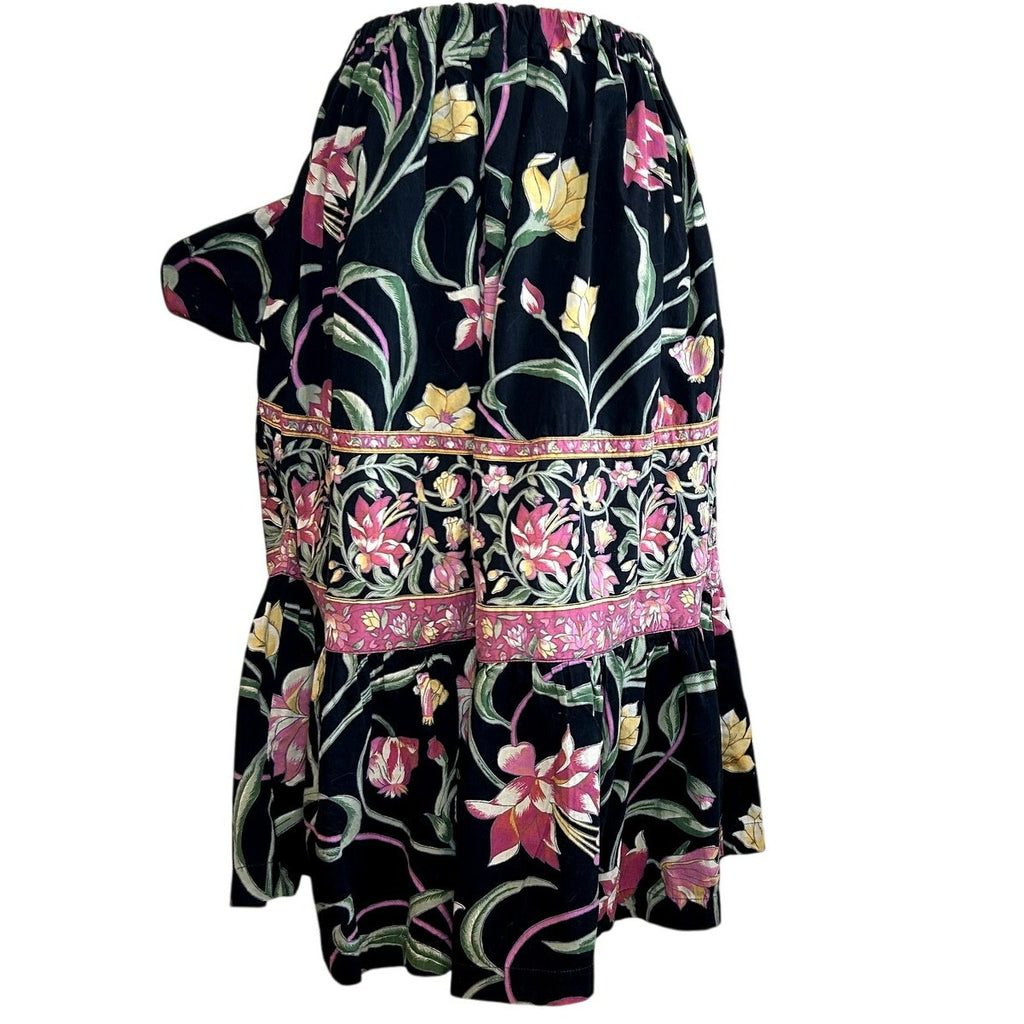 VTG 80s Upcycled M Black Pink Tiered Ruffle Midi Skirt A-Line Floral Boho Pocket