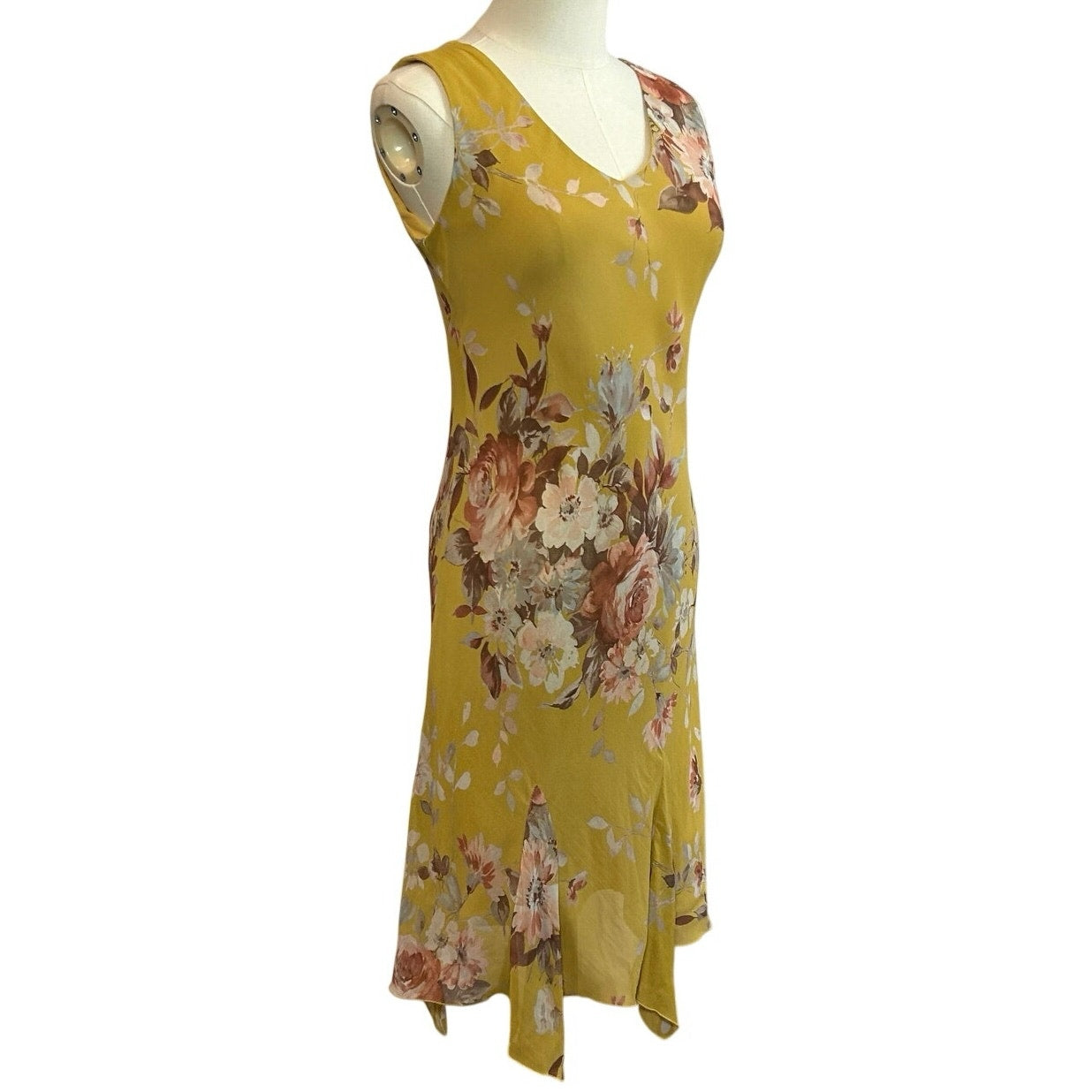 Lily Petite Small Floral Handkerchief Hem 90s Y2K Yellow Rayon Midi Dress P/S