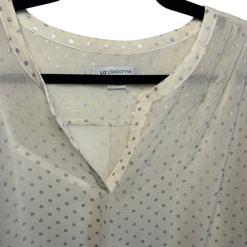 Liz Claiborne Polka Dot Blouse XL White Silver Vintage Cami Overlay Retro Top