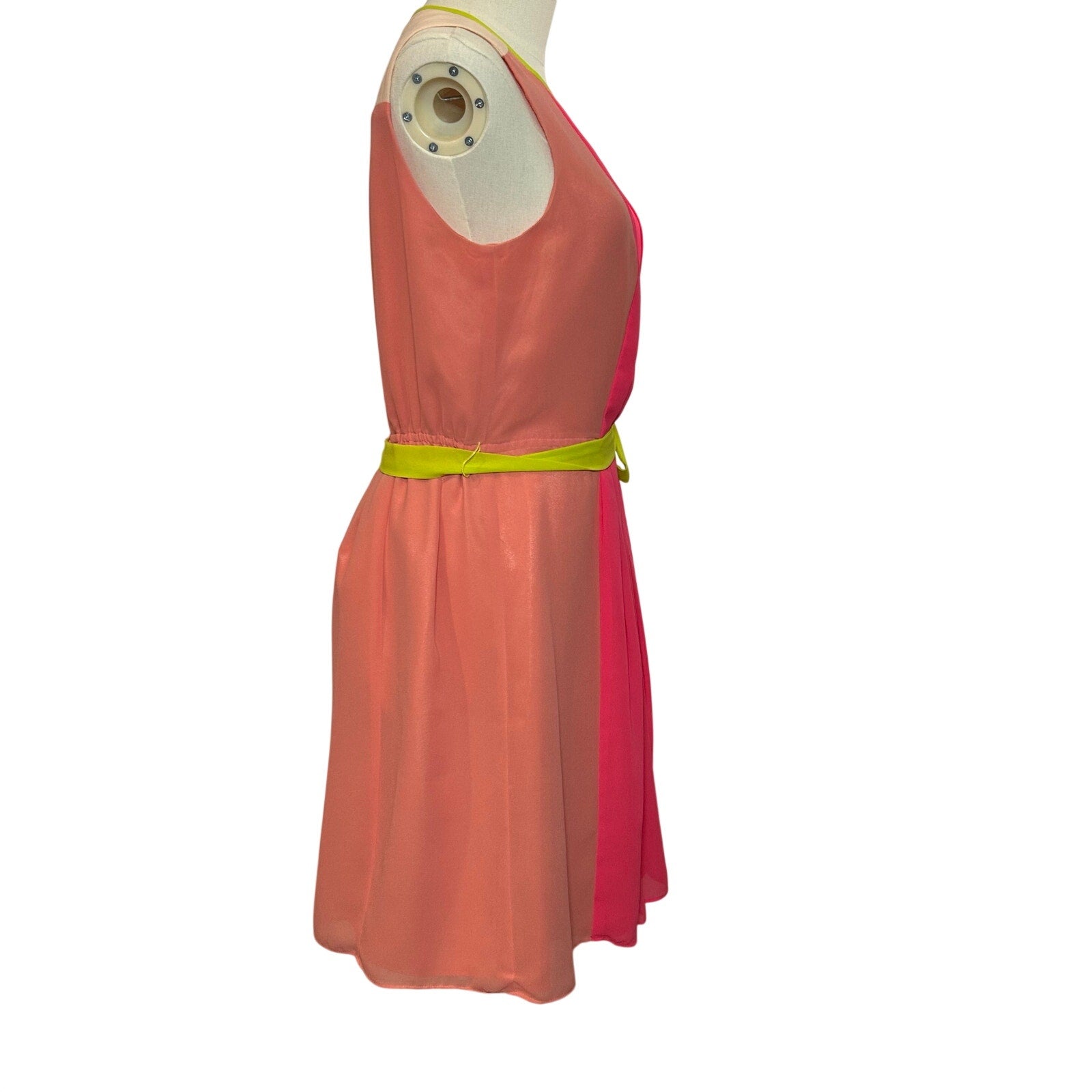 LOFT Colorblock Pleated Midi Dress Pink Coral Neon Green Belt 6 Preppy Retro