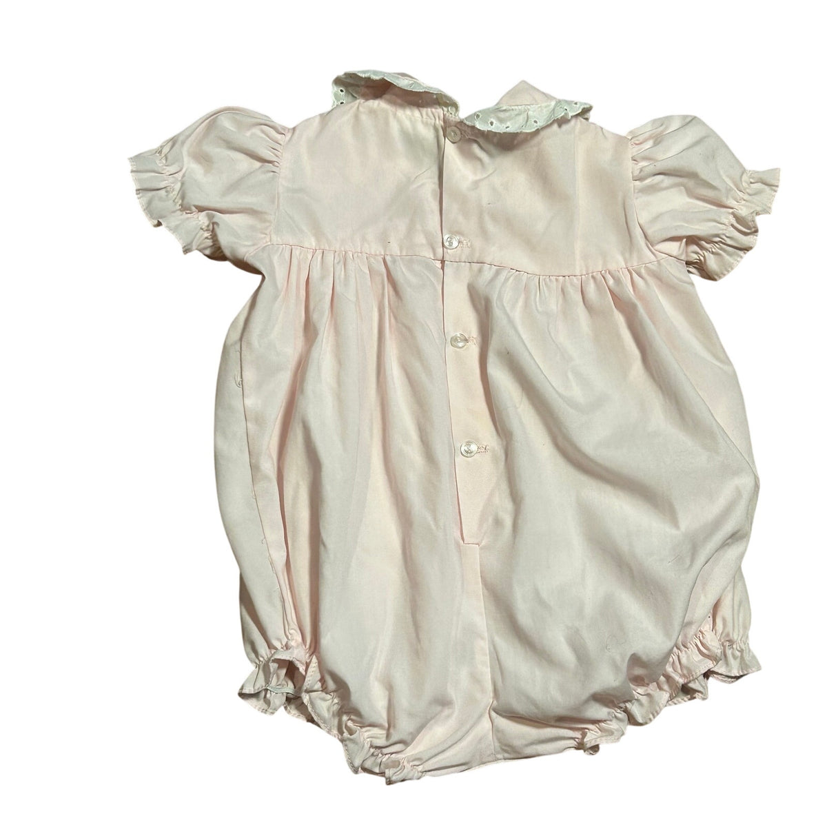 VTG 70s Baby Girl Pink Smocked Romper Teddy Bear Puff Sleeve Cottage Coquette