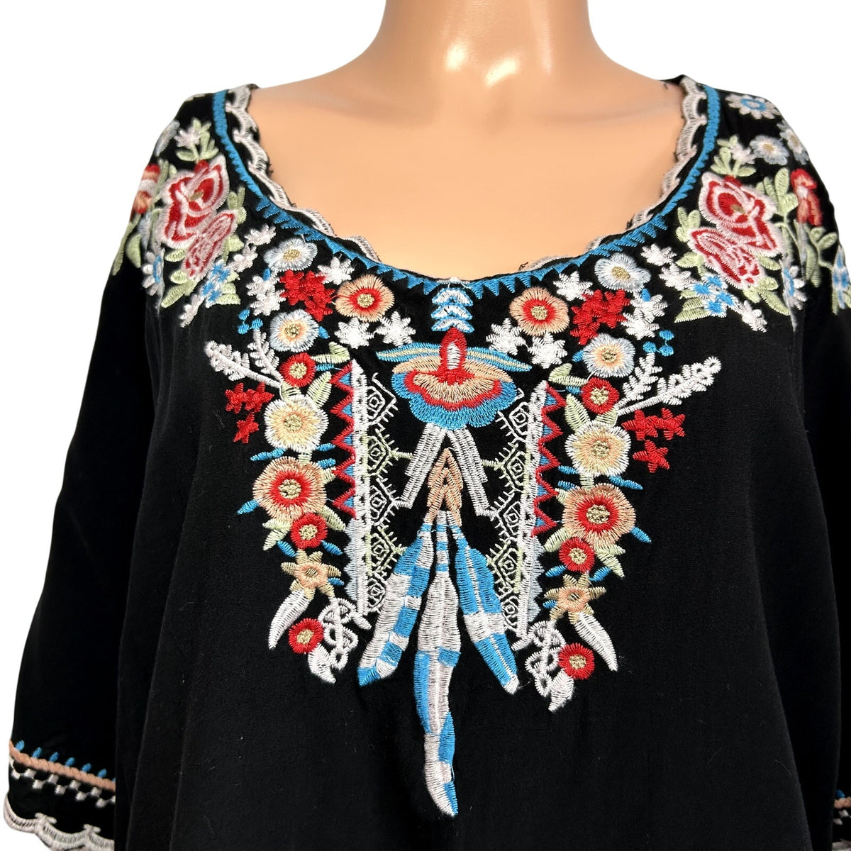 Black Southwestern Embroidered XL Rayon Batwing Blouse Top Boho Peasant Western