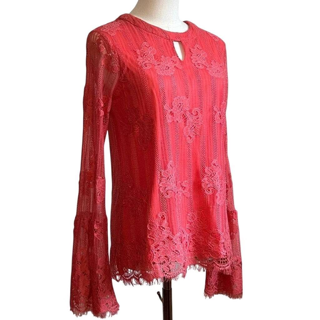 Ultra Pink Floral Lace Top Sheer Bell Sleeves M Coquette Fairy Gypsy Feminine