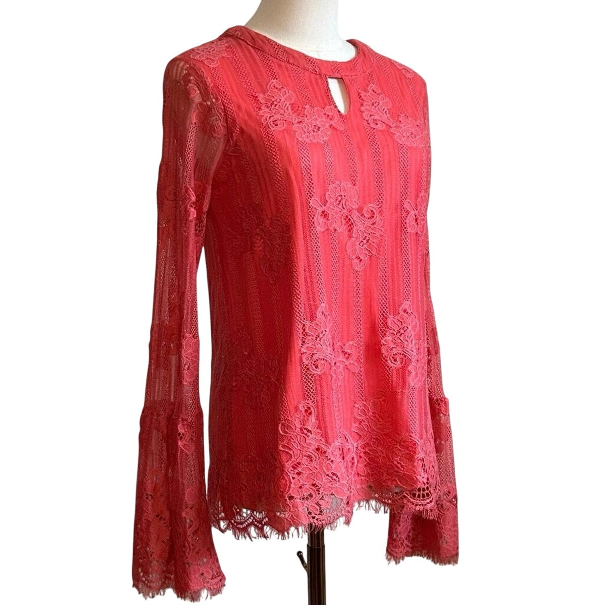Ultra Pink Floral Lace Top Sheer Bell Sleeves M Coquette Fairy Gypsy Feminine
