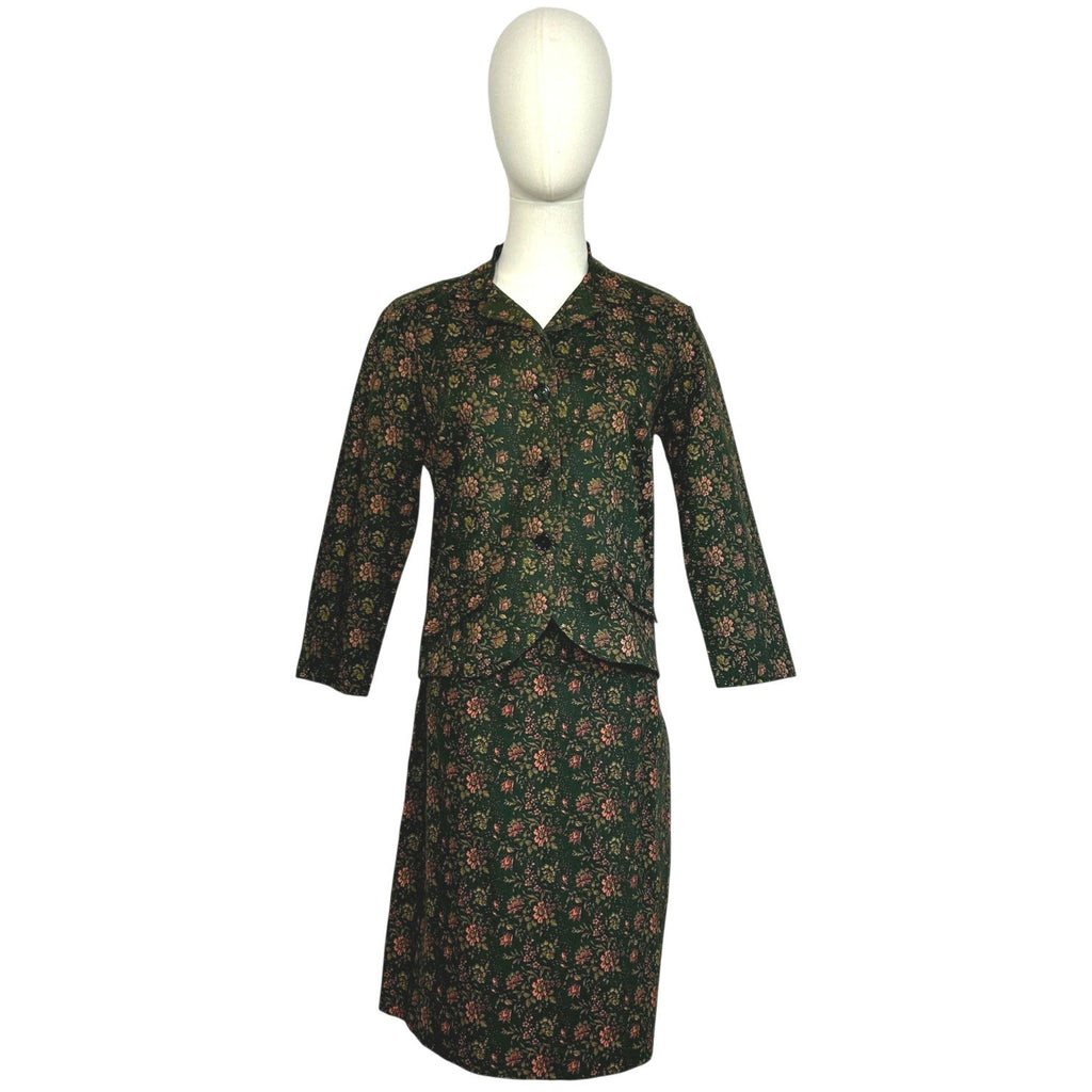VTG 50s Green Heavy Cotton Skirt Suit Blazer Two Piece Set Twee Retro Preppy