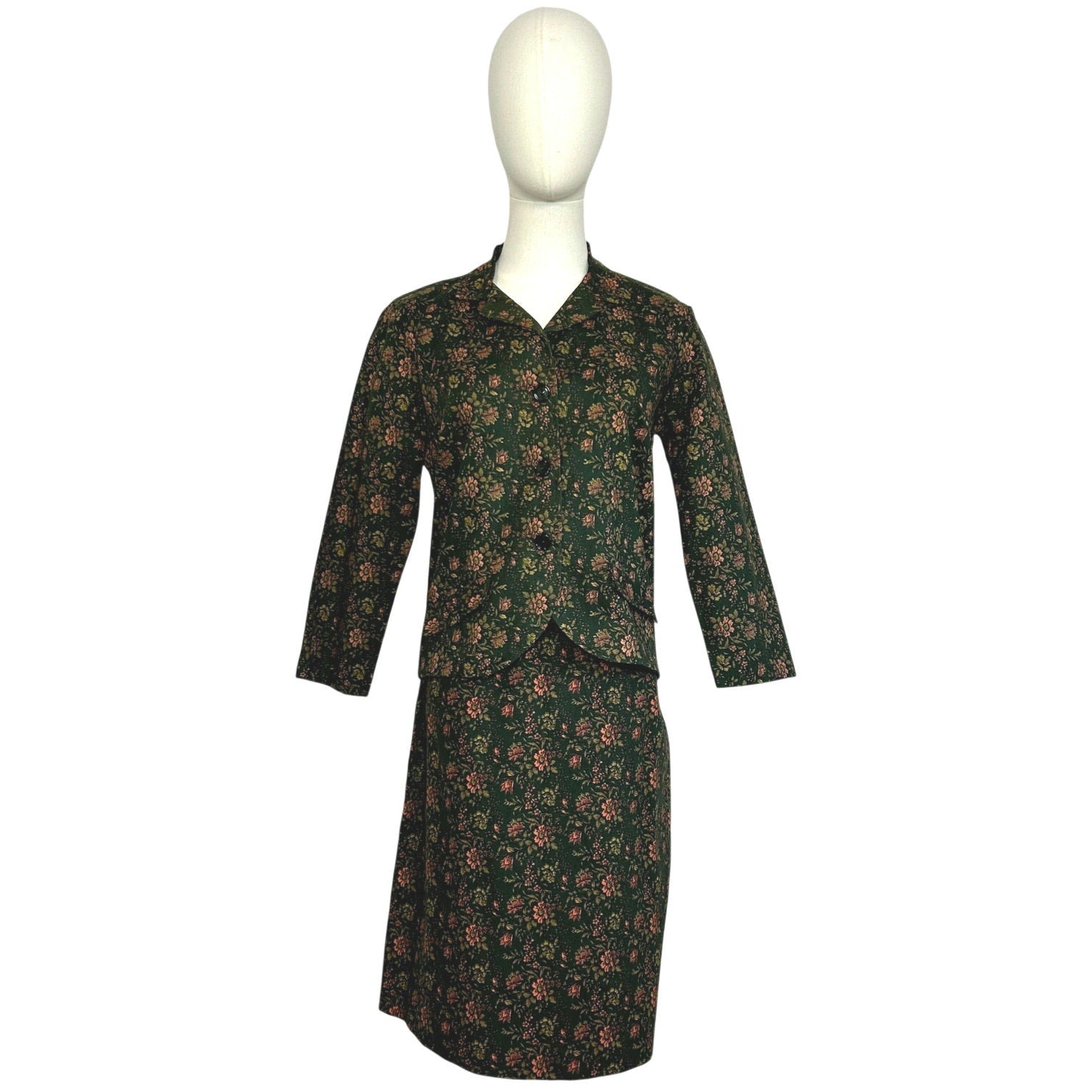 VTG 50s Green Heavy Cotton Skirt Suit Blazer Two Piece Set Twee Retro Preppy