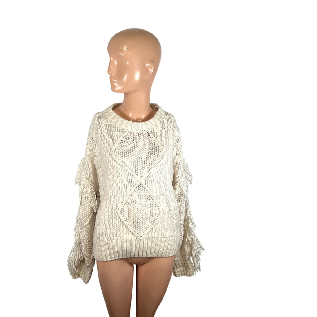 SugarLips M White Knit Fair Isle Fringe Fisherman Sweater Boho Chic Cottage