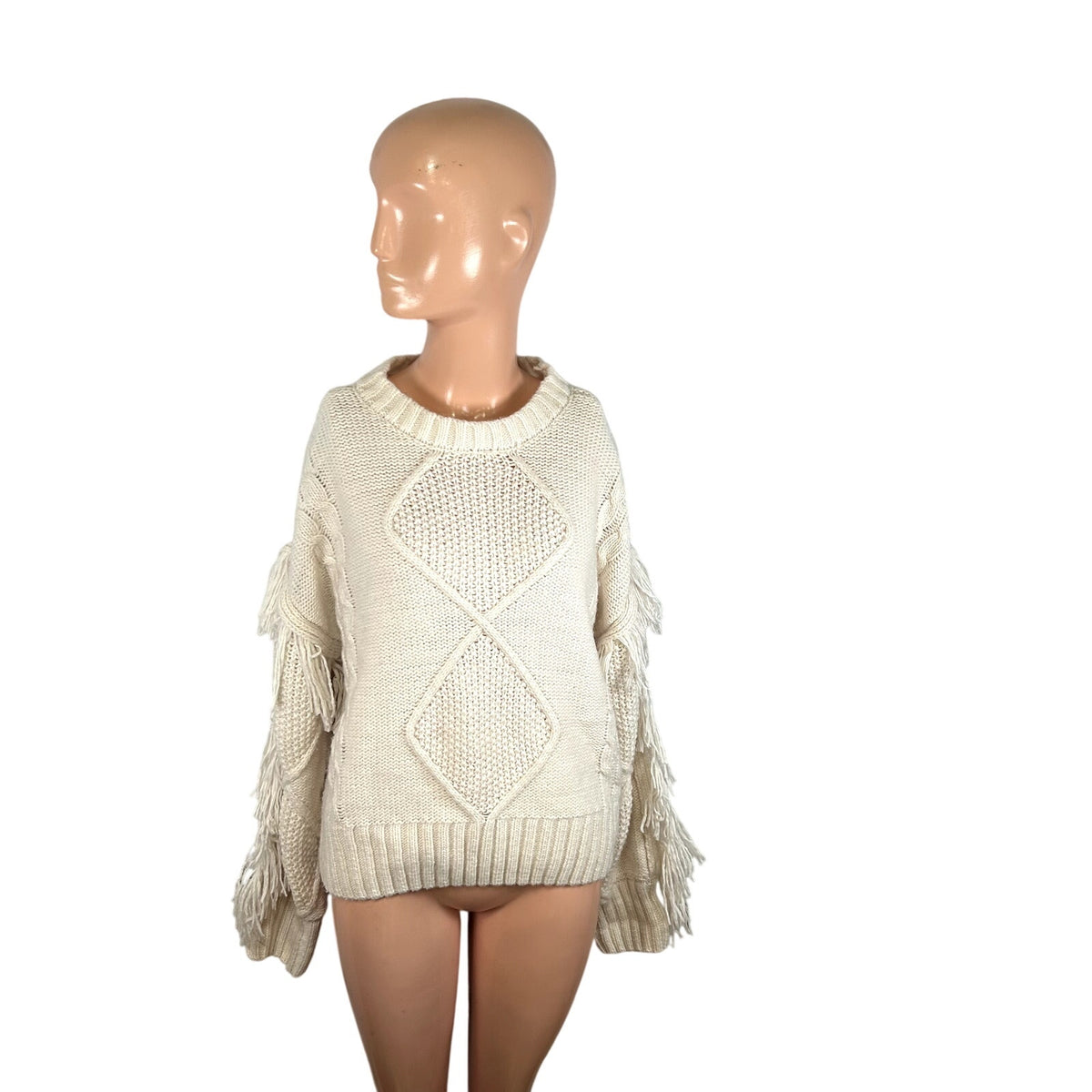 SugarLips M White Knit Fair Isle Fringe Fisherman Sweater Boho Chic Cottage