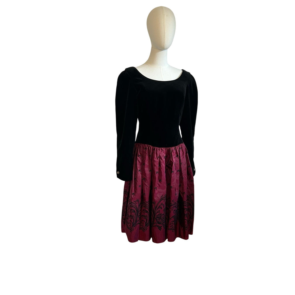 VTG 90s Laura Ashley Black Red Velvet 12 Midi Dress Long Sleeve Whimsigoth