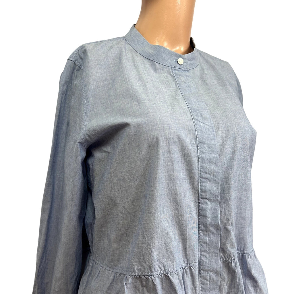 Madewell M Blue Top Mandarin Peplum Hem Minimalist Casual Monochrome Chambray