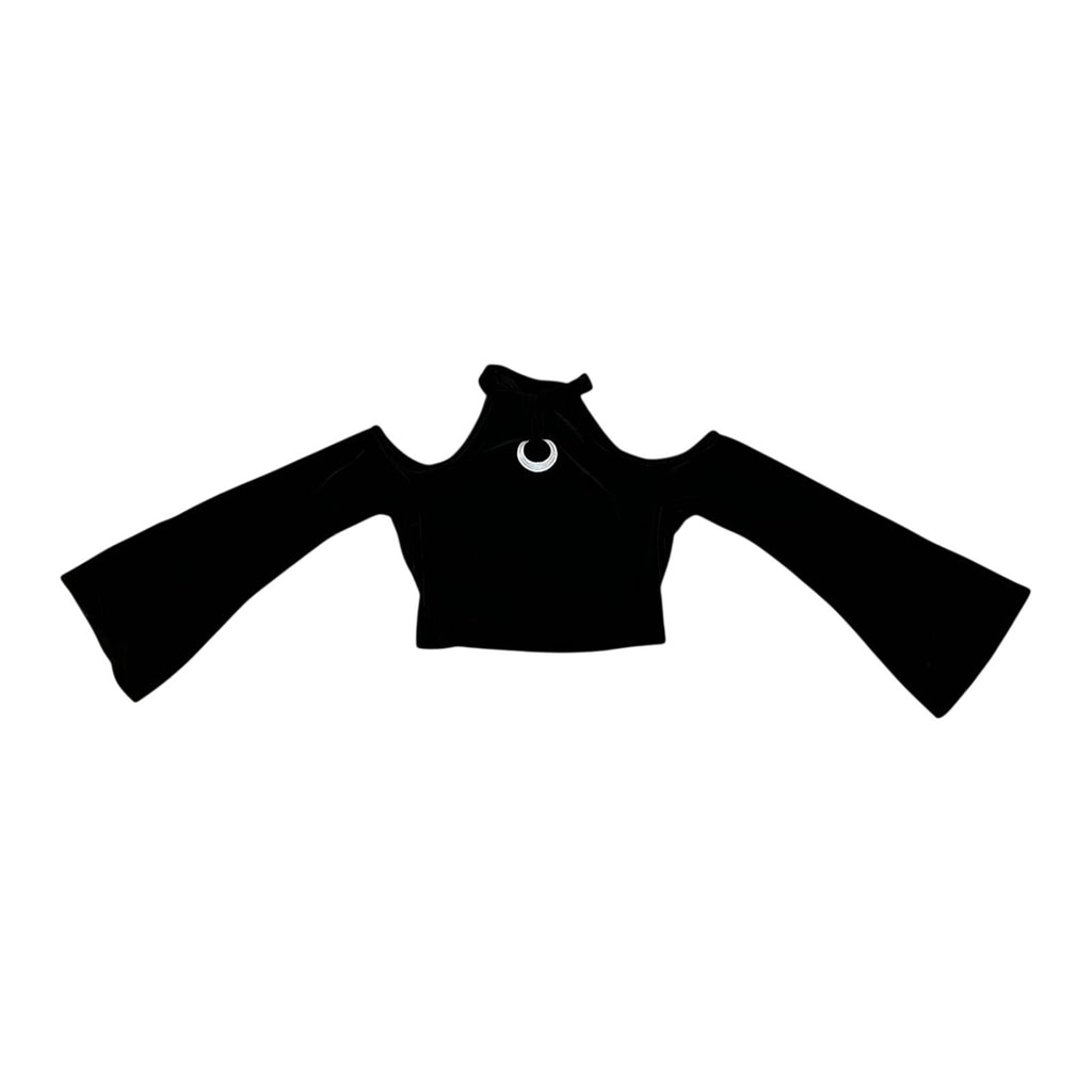 Romwe Black Velvet Crescent Moon Bell Sleeve Crop Top Goth Witchy Boho Medium
