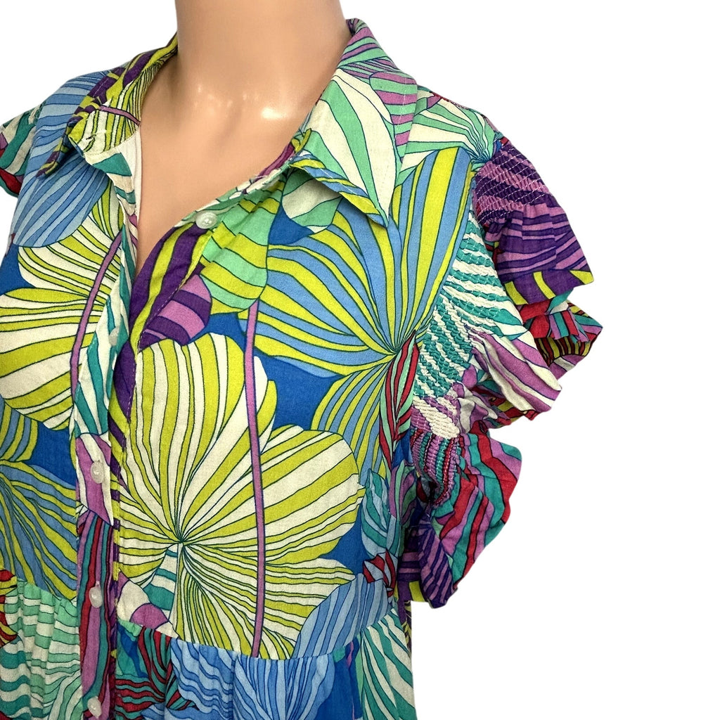 JODIFL NWT Floral Smocked Ruffle Maxi Dress S Button Down Boho Broom Feminine