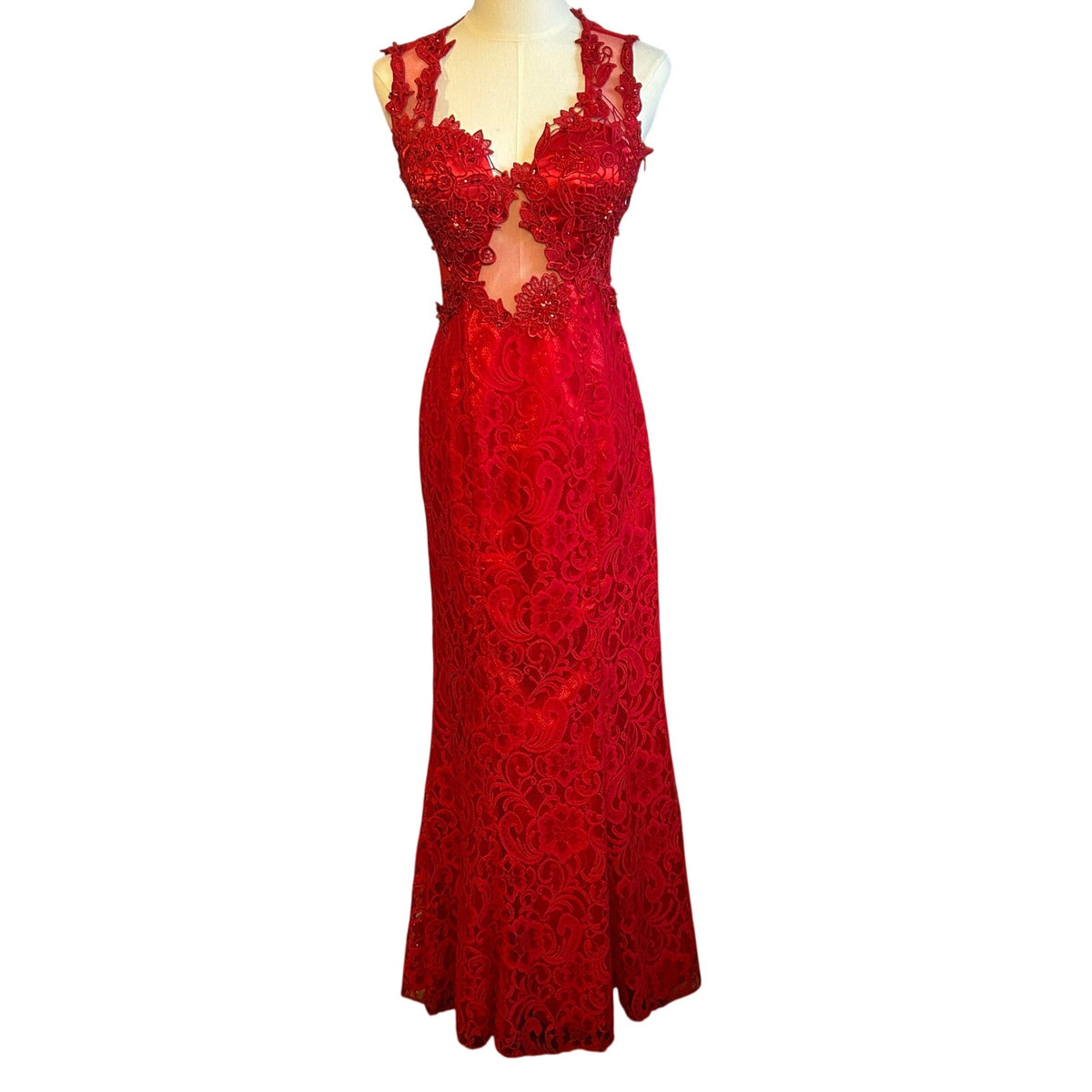 Swing Red Floral Guipure Lace Illusion Gown Size 6 Beaded Prom Gala Dress Wear