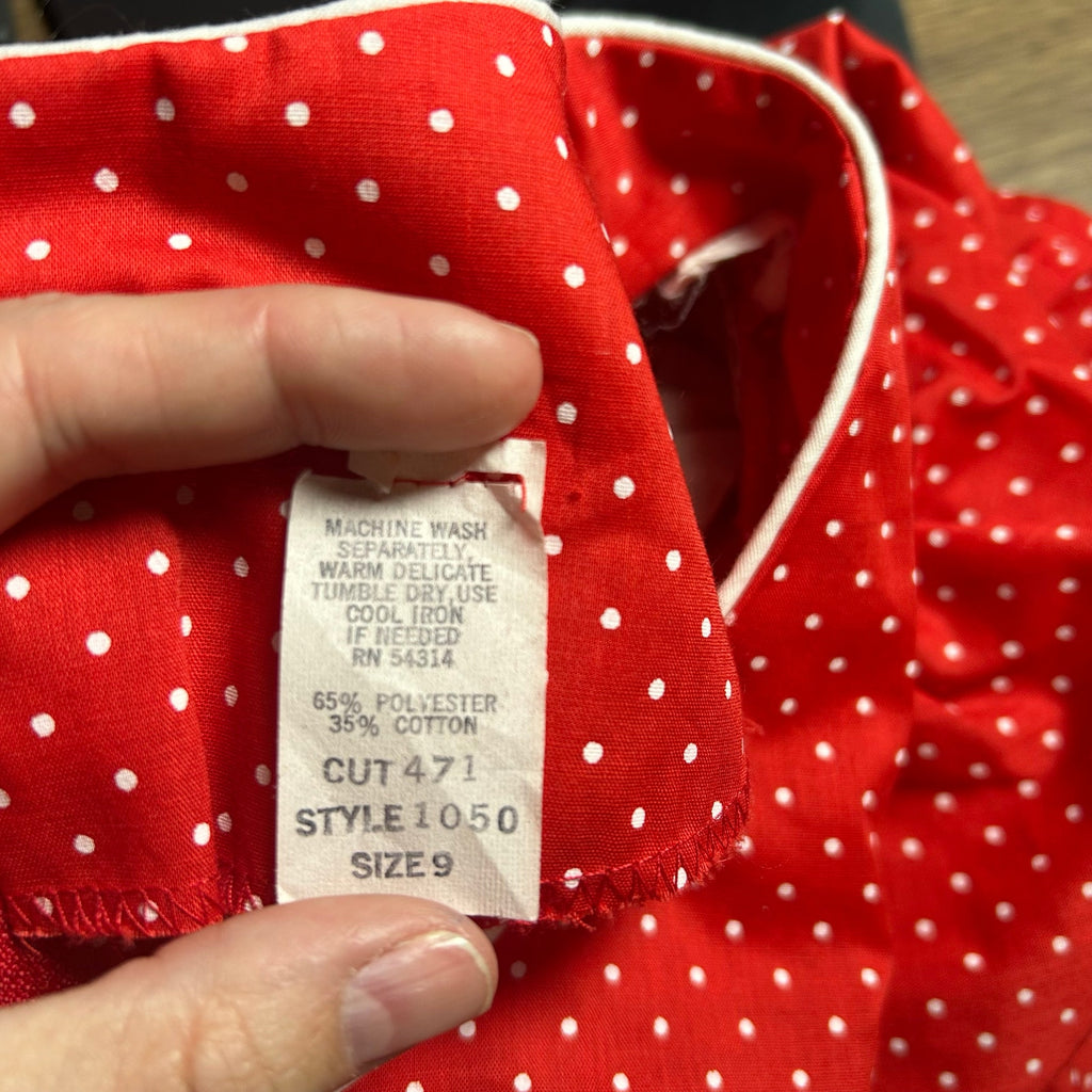 VTG 80s Red White Polka Dot Puff Sleeve Midi Dress