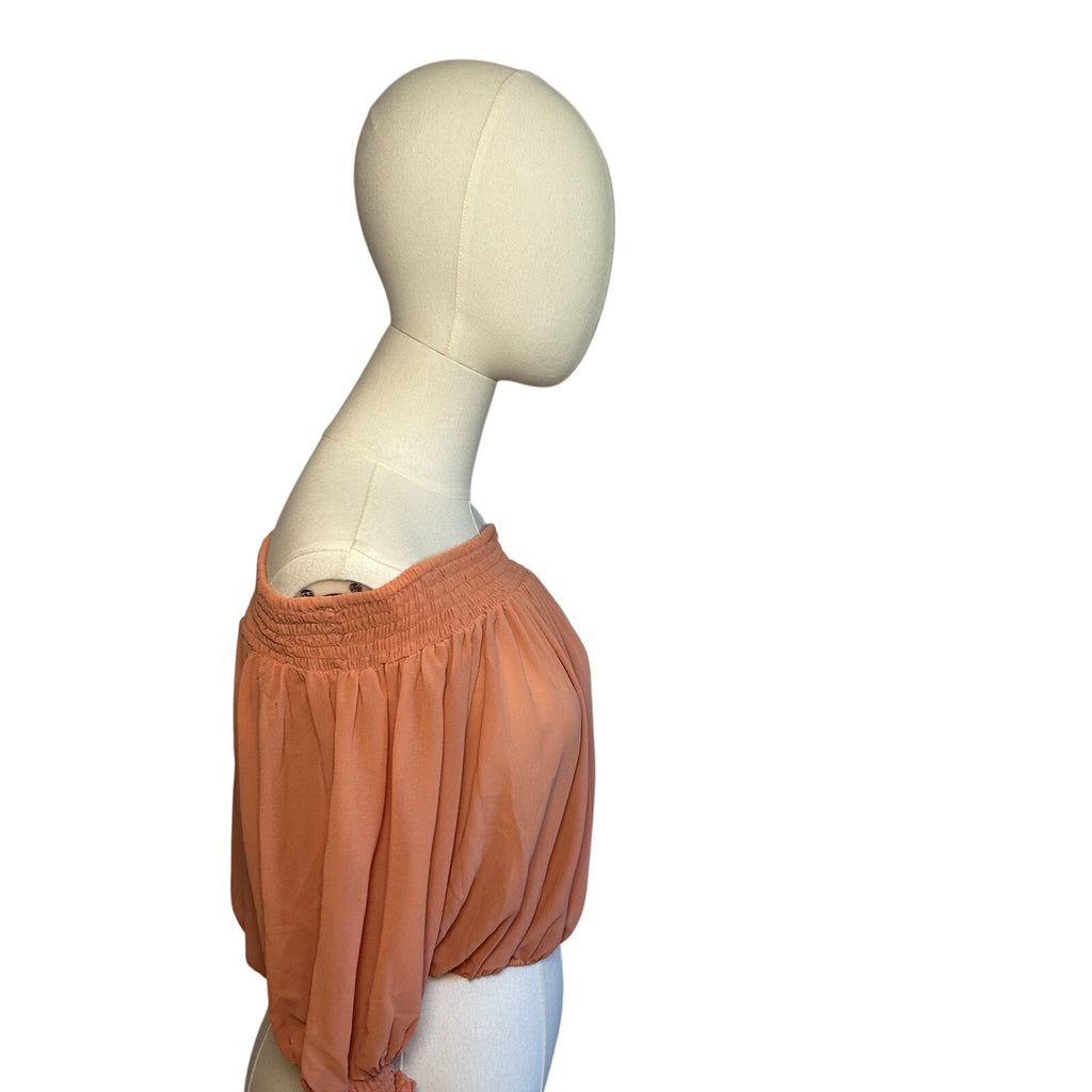 Peach Sheer Chiffon Smocked Cropped M Blouse Fairycore  Coquette Whimsigoth Boho