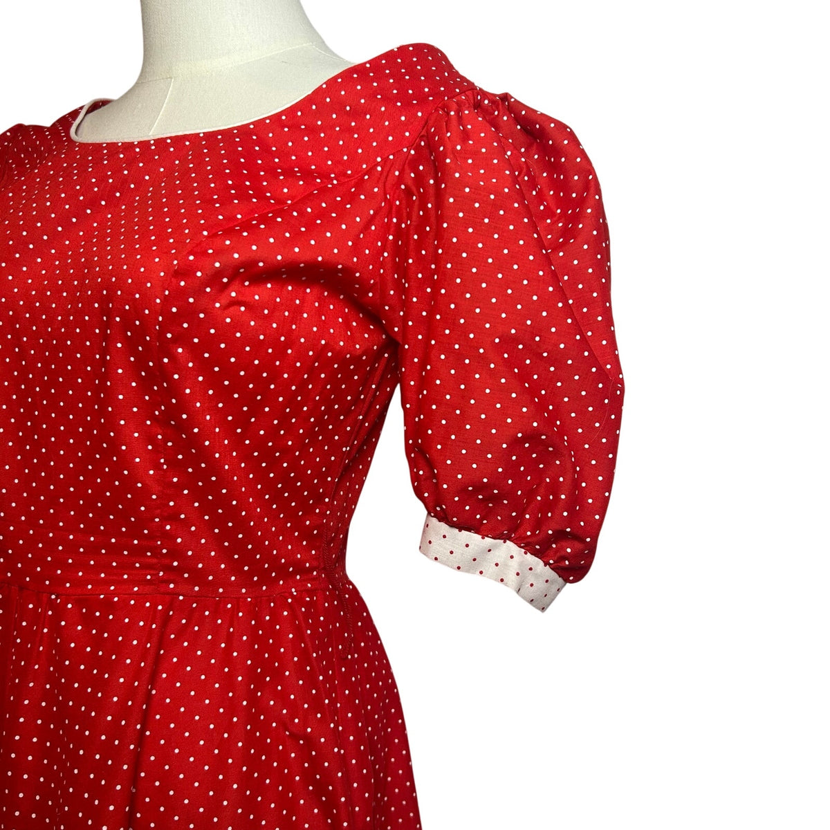 VTG 80s Red White Polka Dot Puff Sleeve Midi Dress