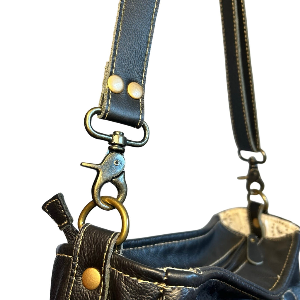 Myra Bag Leather Cow Hide Crossbody Shoulder Bag Brown White Tassel Purse
