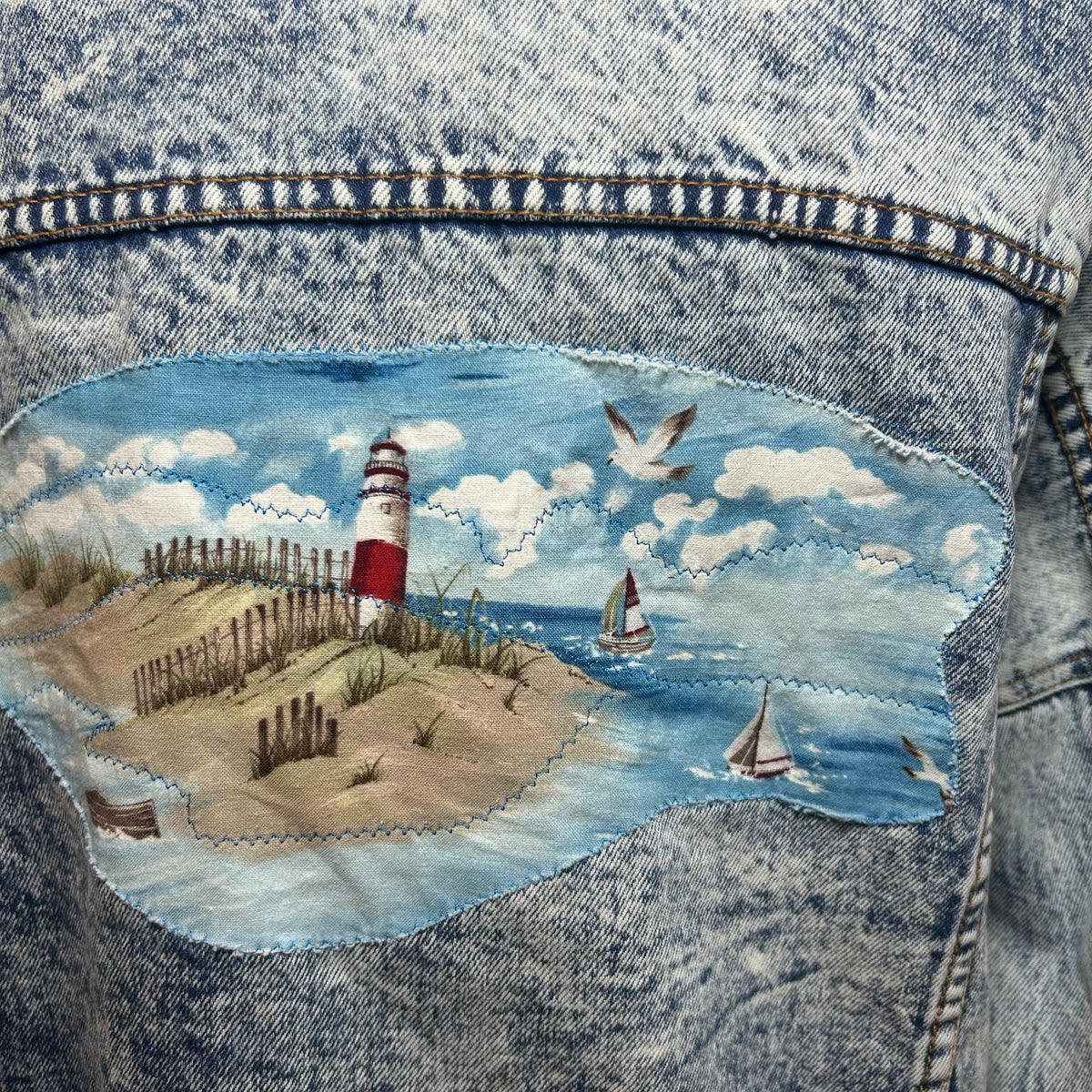 VTG 90s Ocean Denim Acid Wash Lighthouse Jacket Scenic Art Oversized XL