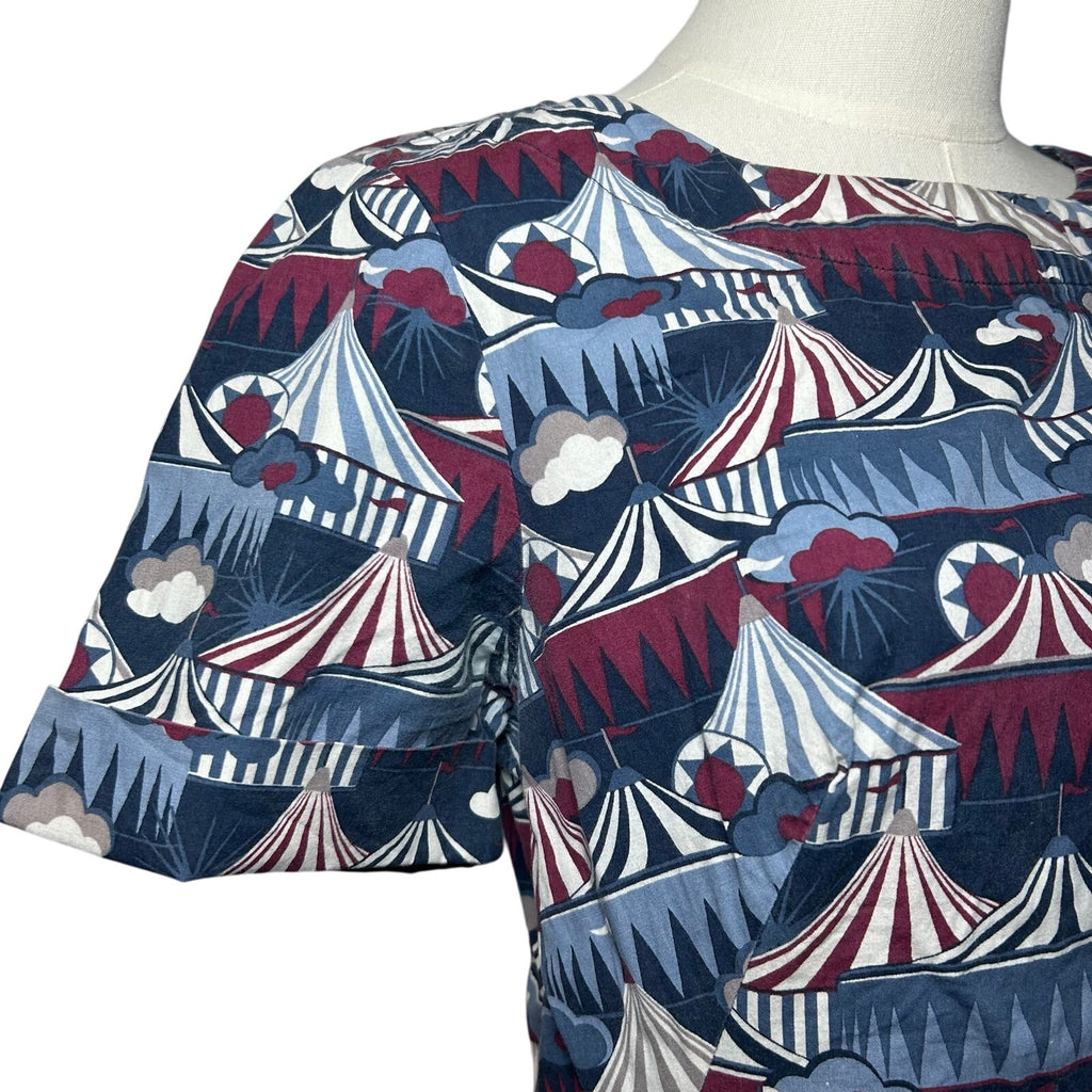 Emily & Fin Circus Tent Print Dress Blue Red M Retro Twee Indie Coquette Wiggle