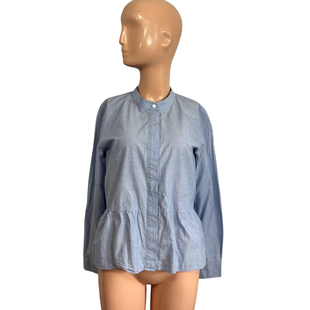 Madewell M Blue Top Mandarin Peplum Hem Minimalist Casual Monochrome Chambray