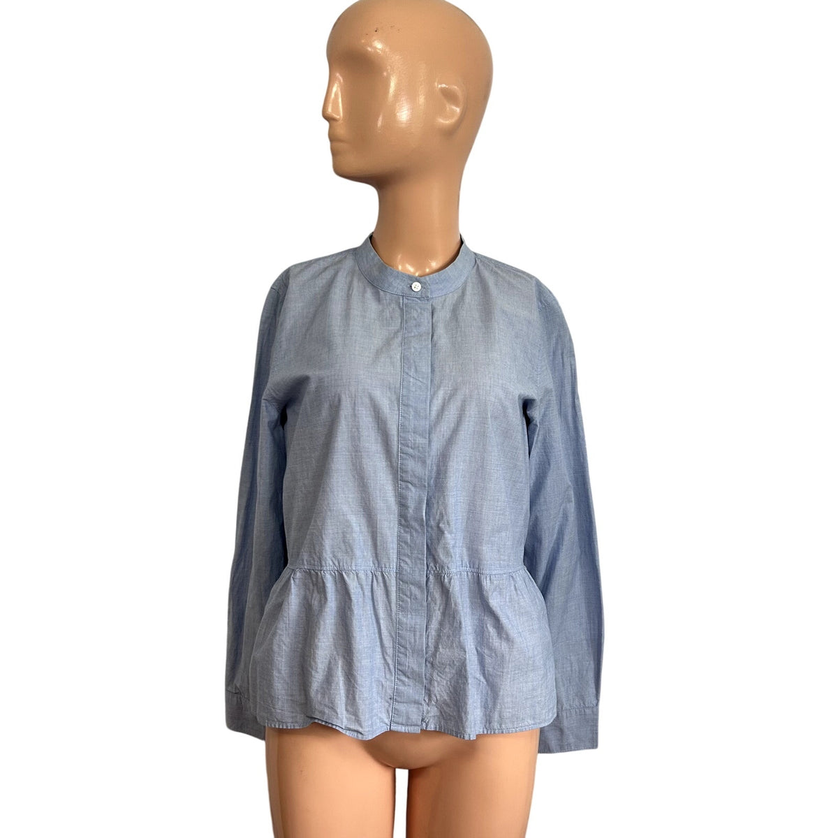 Madewell M Blue Top Mandarin Peplum Hem Minimalist Casual Monochrome Chambray