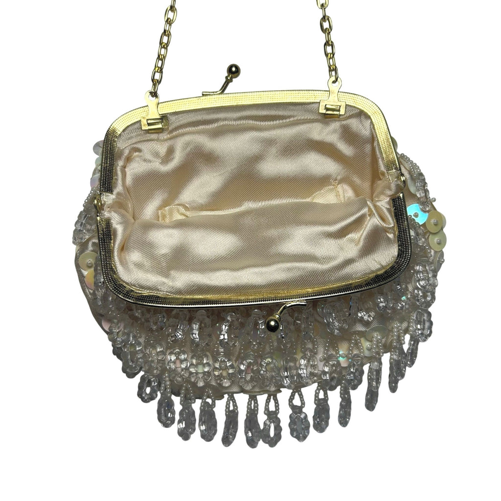 VTG 70s Flapper Bag Beaded Sequin Kiss Lock Clutch Purse Handbag Glam Retro Twee