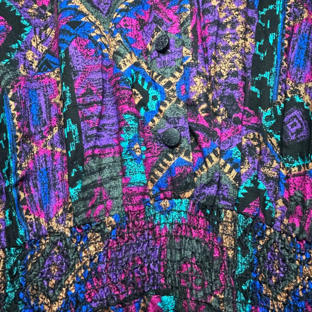 VTG En Focus Geometric Jumpsuit Purple L Rayon Southwestern Boho 90s USA Made