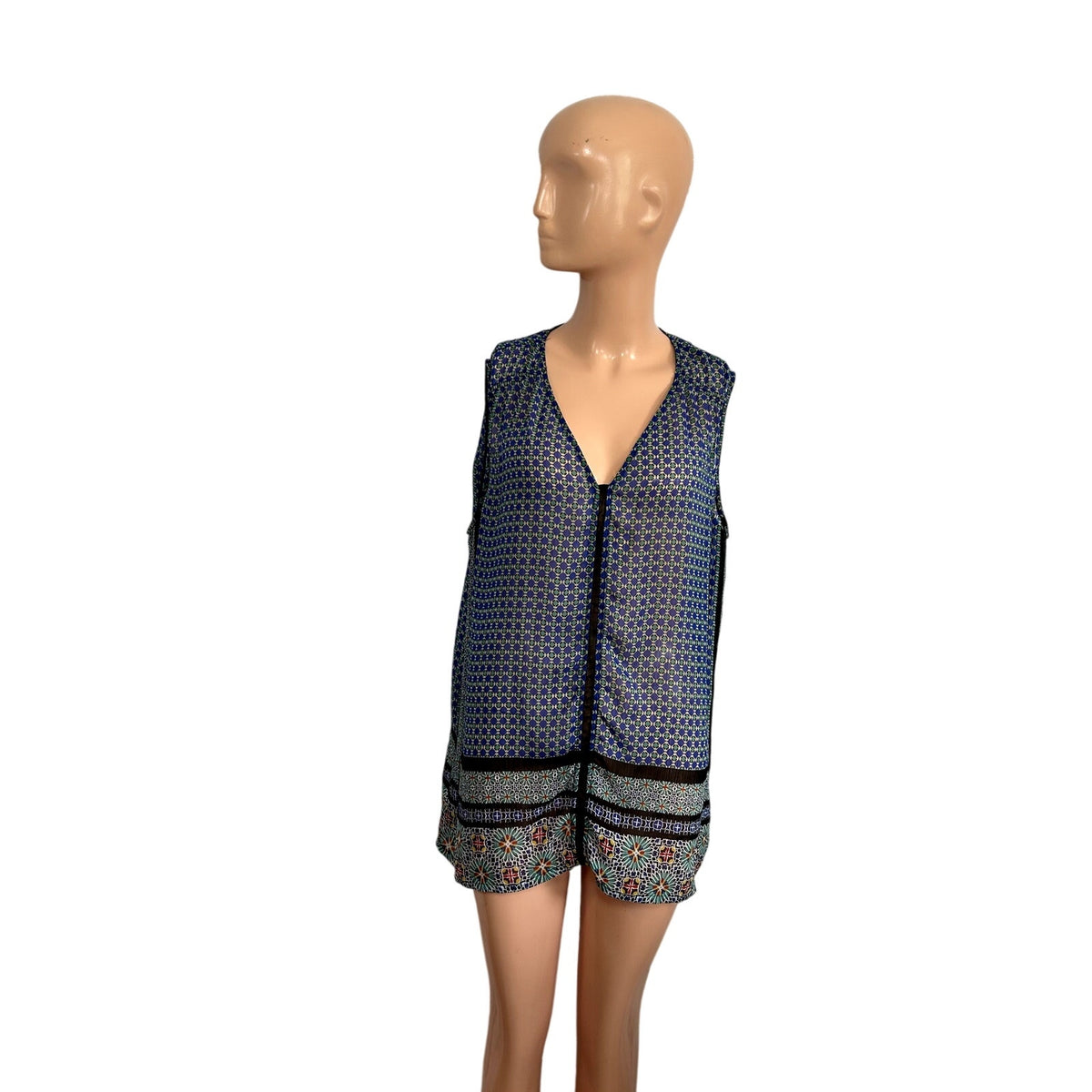 Liz Claiborne XL Blue Green Chiffon Sleeveless V-Neck Blouse Boho Top Maximalist