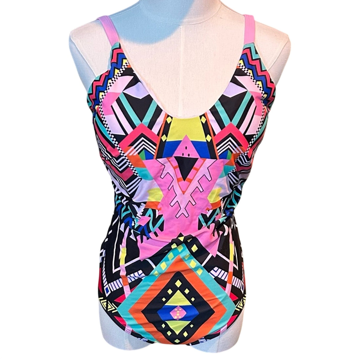 Xhilaration Geometric Multi-Color One Piece Swimsuit XL Pink Blue Retro Print