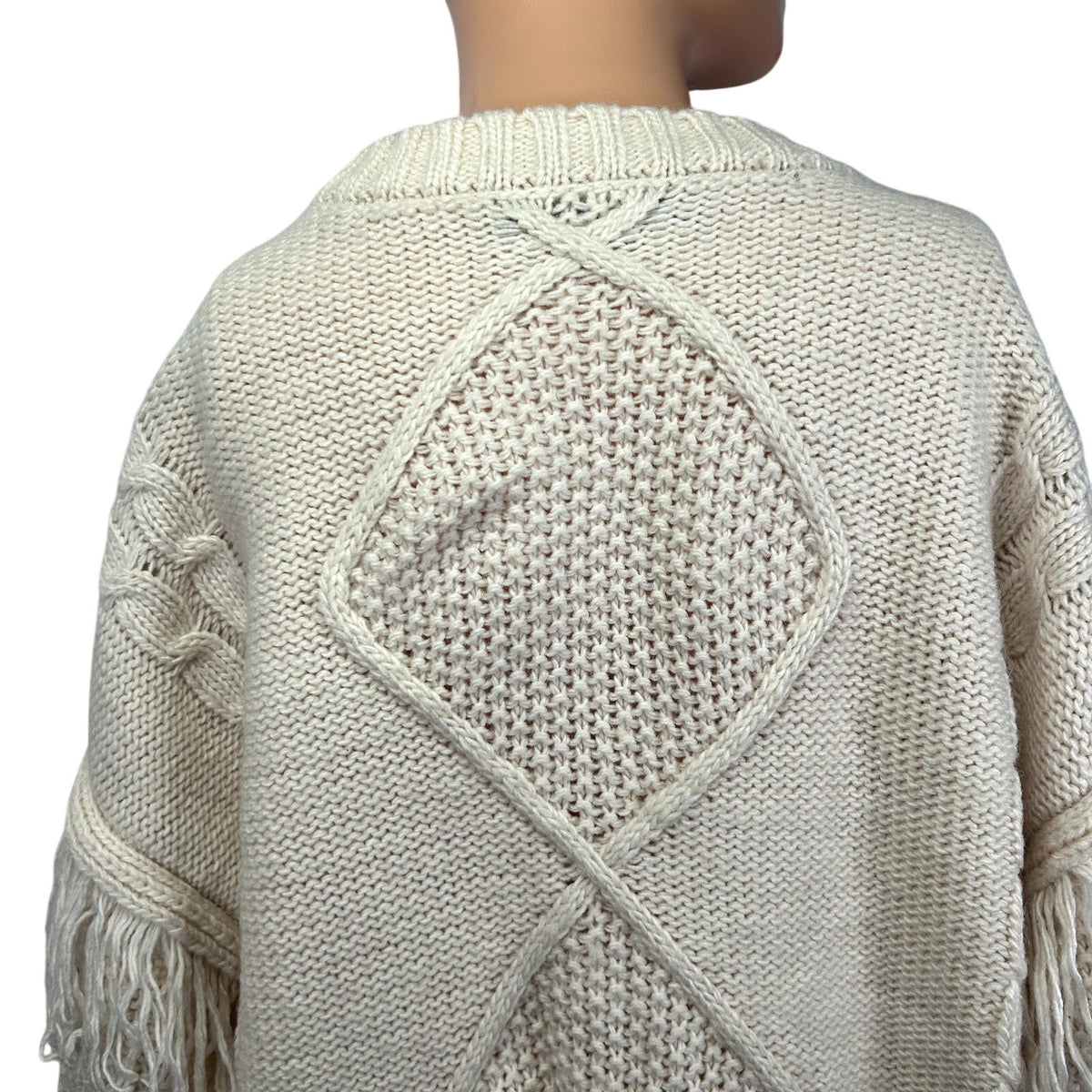 SugarLips M White Knit Fair Isle Fringe Fisherman Sweater Boho Chic Cottage