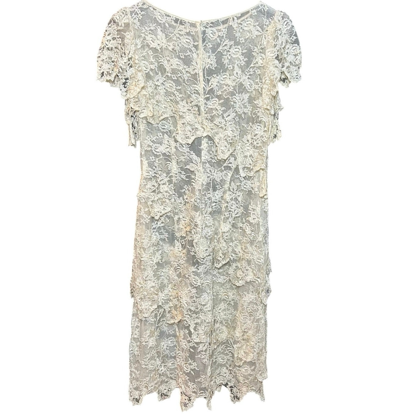 VTG 1960s Sheer Cream Lace Tiered Midi Dress Whimsigoth Bridal Overlay S