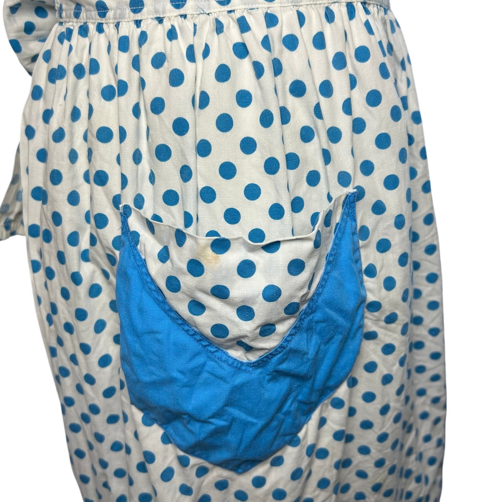 VTG Blue White Cotton Apron Handmade Pocket Polka Dot Cottage Retro Western Boho