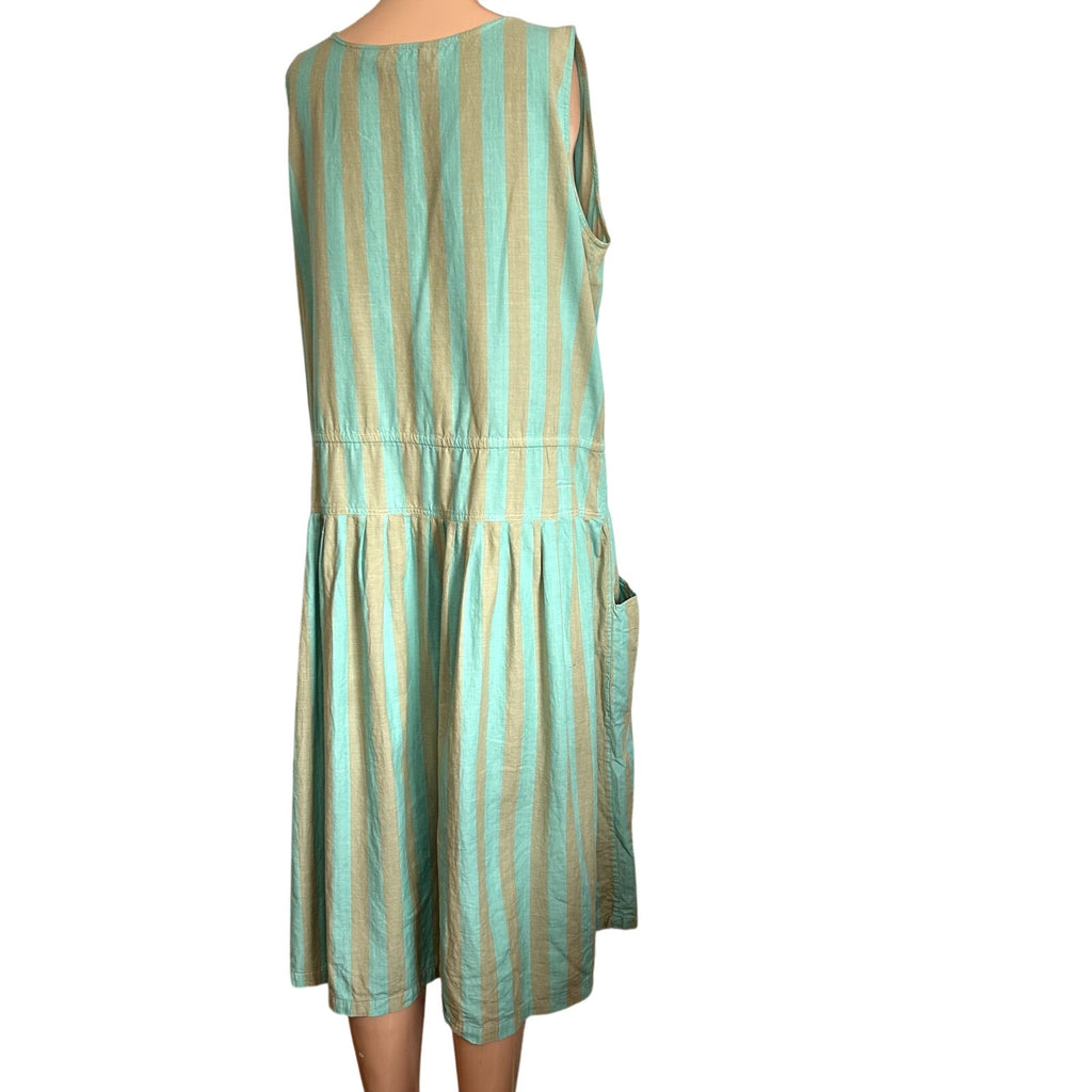 Phool Blue Tan Striped Buttons Pleated Cotton M Midi Dress Coastal Prairie Boho