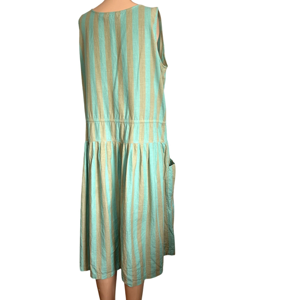 Phool Blue Tan Striped Buttons Pleated Cotton M Midi Dress Coastal Prairie Boho