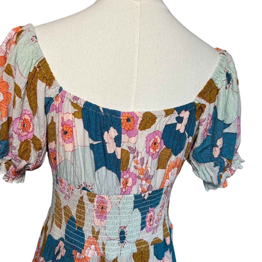 Angie Floral Smocked Boho Mini Dress Medium Cottage Indie Retro Rayon Festival