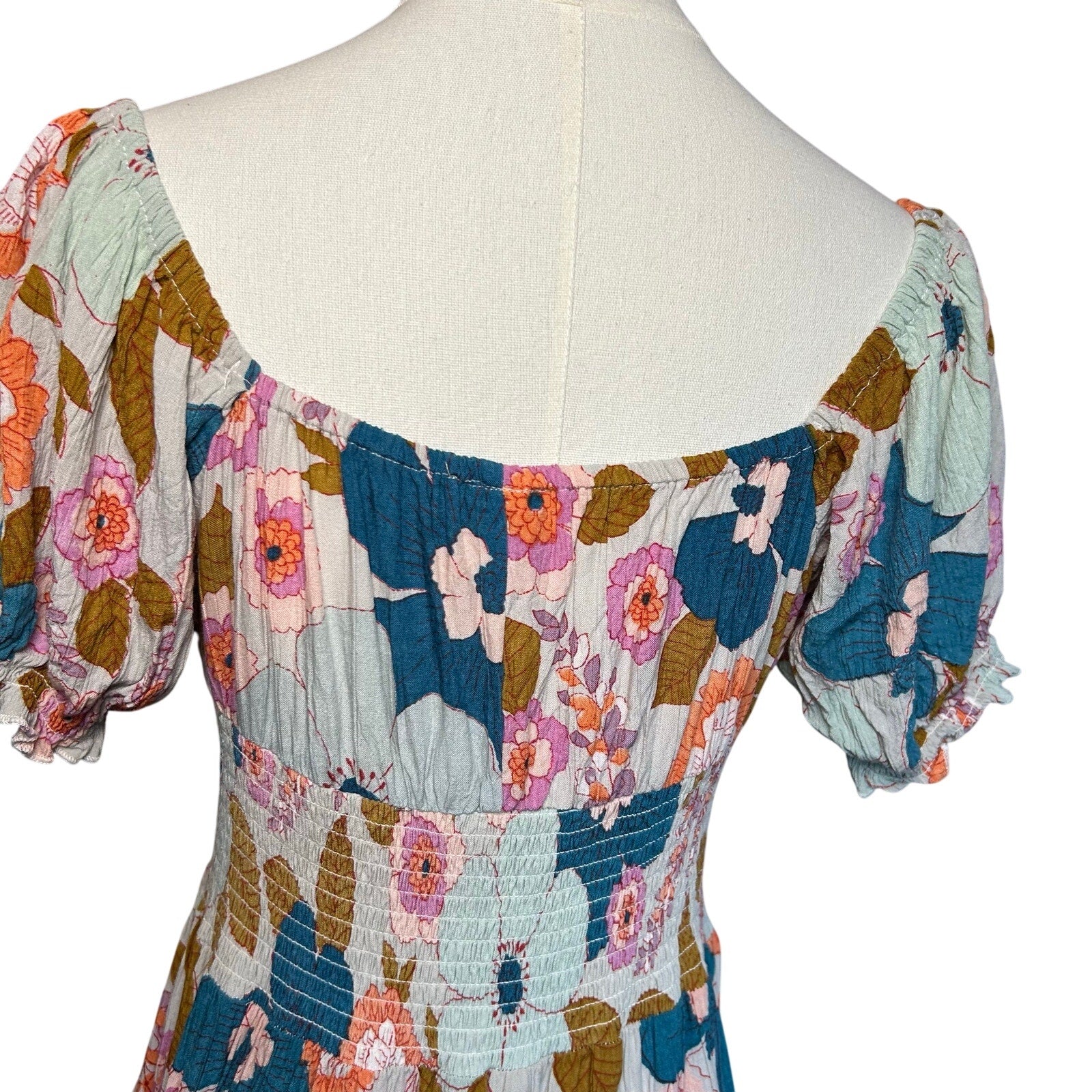 Angie Floral Smocked Boho Mini Dress Medium Cottage Indie Retro Rayon Festival