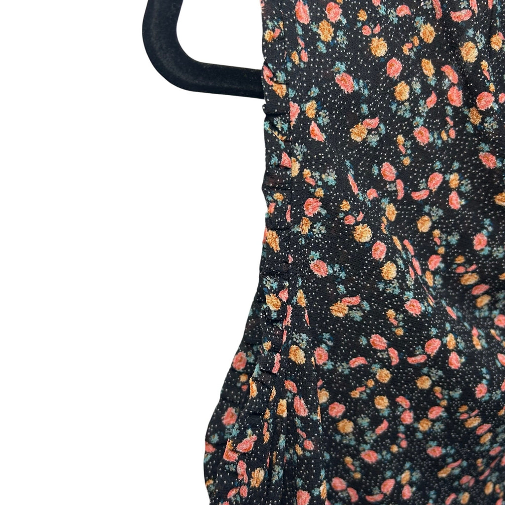 Black Pink Floral Sleeveless Mock Neck M Smocked Top Ruffle Y2K Romantic Goth