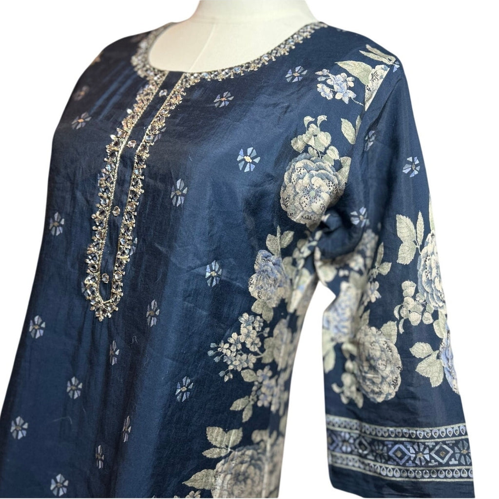 Hoondee Navy Blue Floral Embellished Kurti Tunic Dress