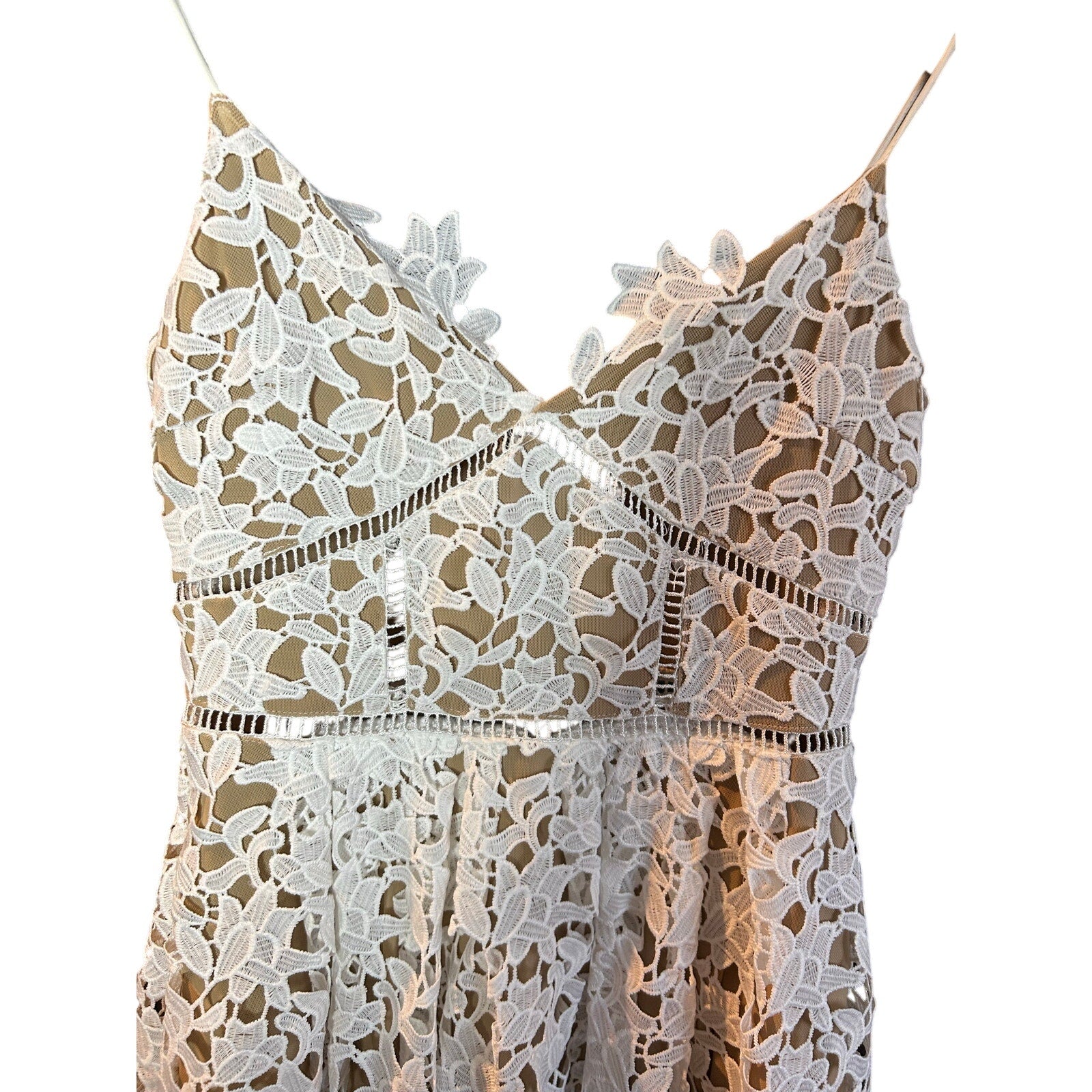 L'ATISTE White Guipure Lace Mini Dress S Bridal Shower Bachelorette Nude Lining