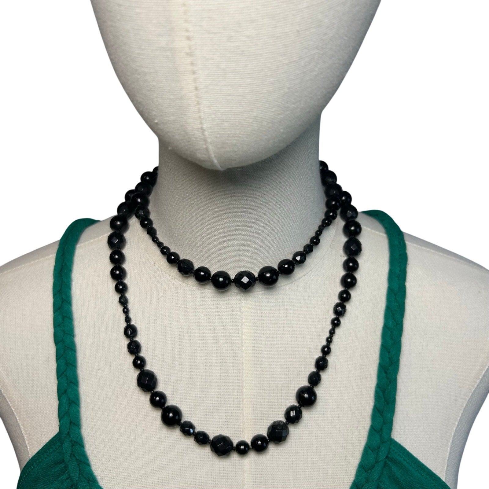 VTG Y2K Double Strand Black Bead Adjustable Choker Goth Office Siren Luxe Gatsby