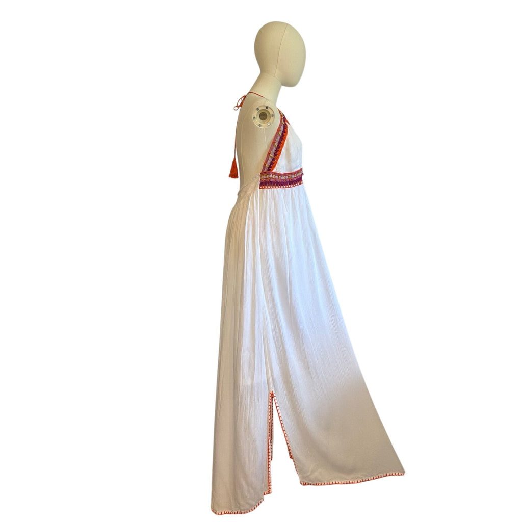 Indigo Rein XL White Multi Boho Maxi Dress Woven Tassel Tie Indie Fairy Cottage