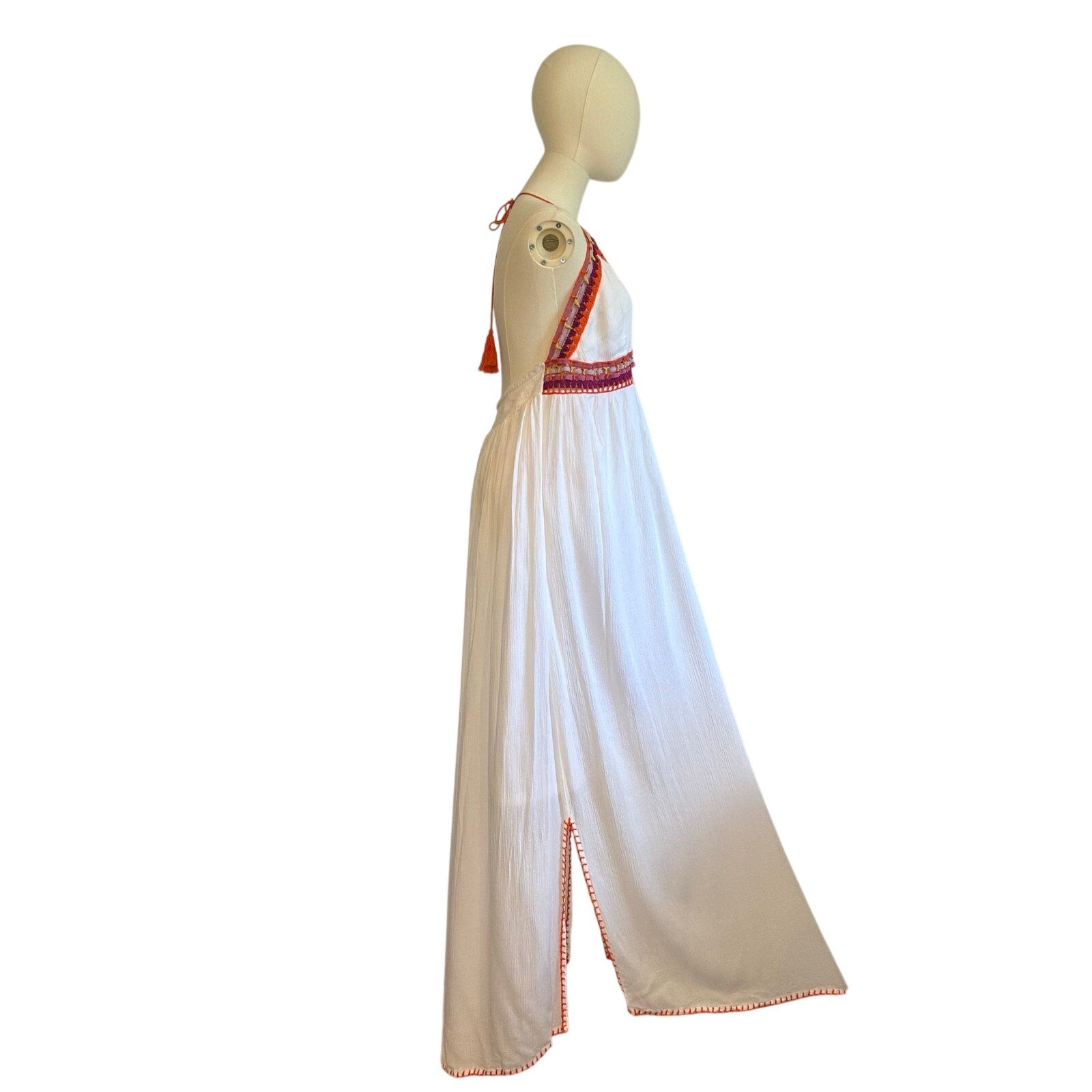Indigo Rein XL White Multi Boho Maxi Dress Woven Tassel Tie Indie Fairy Cottage