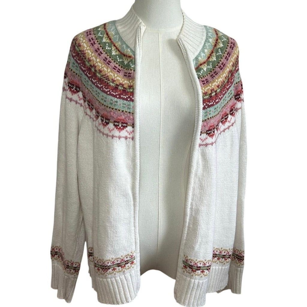 VTG Y2K Tiara International L White Fair Isle Cardigan Sweater Full Zip Grandma