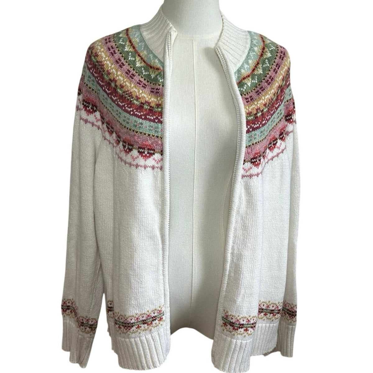 VTG Y2K Tiara International L White Fair Isle Cardigan Sweater Full Zip Grandma