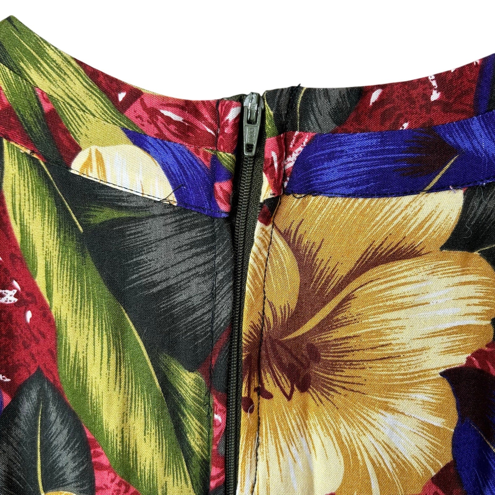 VTG 90s Positive Attitude Tropical Hibiscus Rayon Midi Dress Pockets Size 14