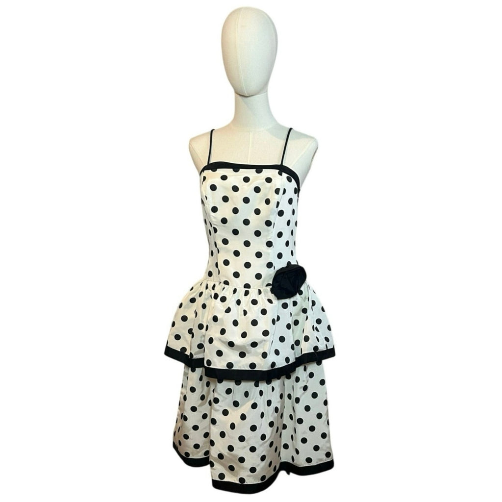 VTG 80s Stop Staring! Polka Dot B&W Medium Tiered Drop Waist Dress Rockabilly