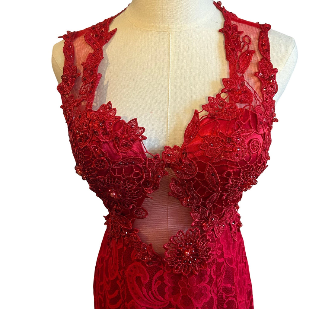Swing Red Floral Guipure Lace Illusion Gown Size 6 Beaded Prom Gala Dress Wear