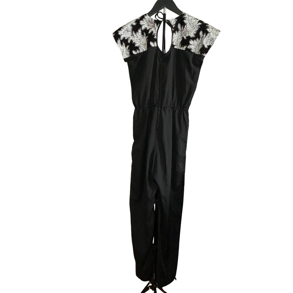 VTG Silver Black Metallic Leaf Brocade Jumpsuit and Matching Cropped Jacket Set