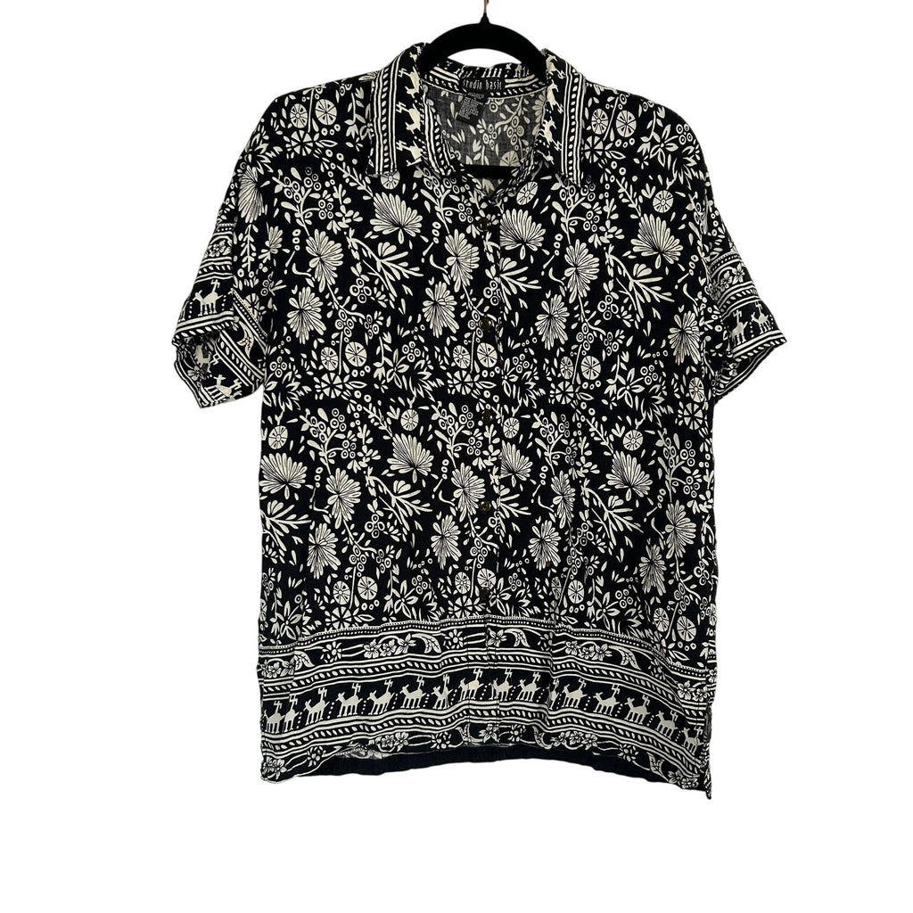 VTG Studio Basic Black White Floral Deer Border Print Rayon Blouse Size L