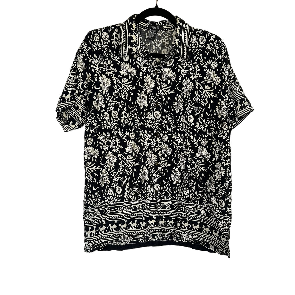 VTG Studio Basic Black White Floral Deer Border Print Rayon Blouse Size L